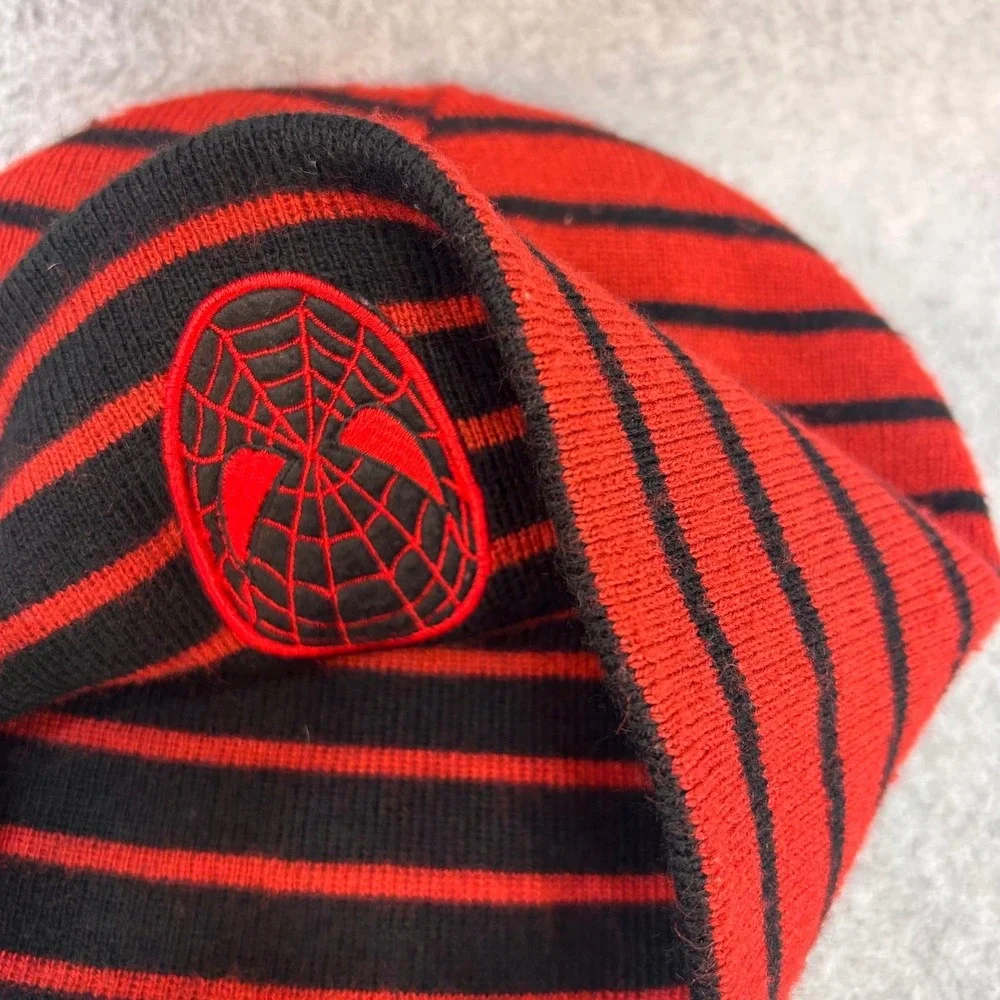 Spider-Man Mask Boys Black Marvel Beanie Reversible Striped Knit Hat OSFM